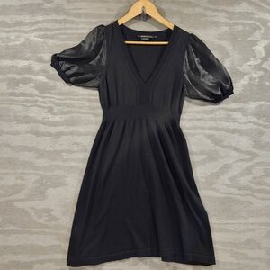 BCBGMaxazria SZ S Black Silk Mini Dress Puff Short Sleeve Babydoll Romantic